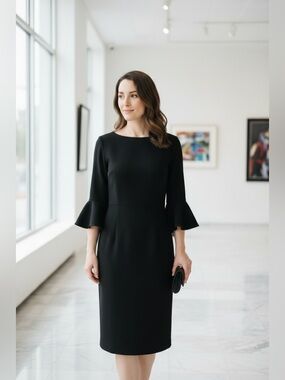 Frascara Elegant Black Bell-Sleeve Sheath Dress